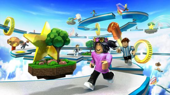 Roblox-player Divers personnages Roblox courant autour d'une série de plateformes.