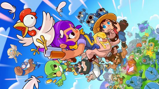 best-games-like-clash-of-clans-squad-busters Meilleurs jeux similaires à Clash of Clans : Squad Busters. L'image montre un groupe de personnages du jeu s'envolant avec un poulet.