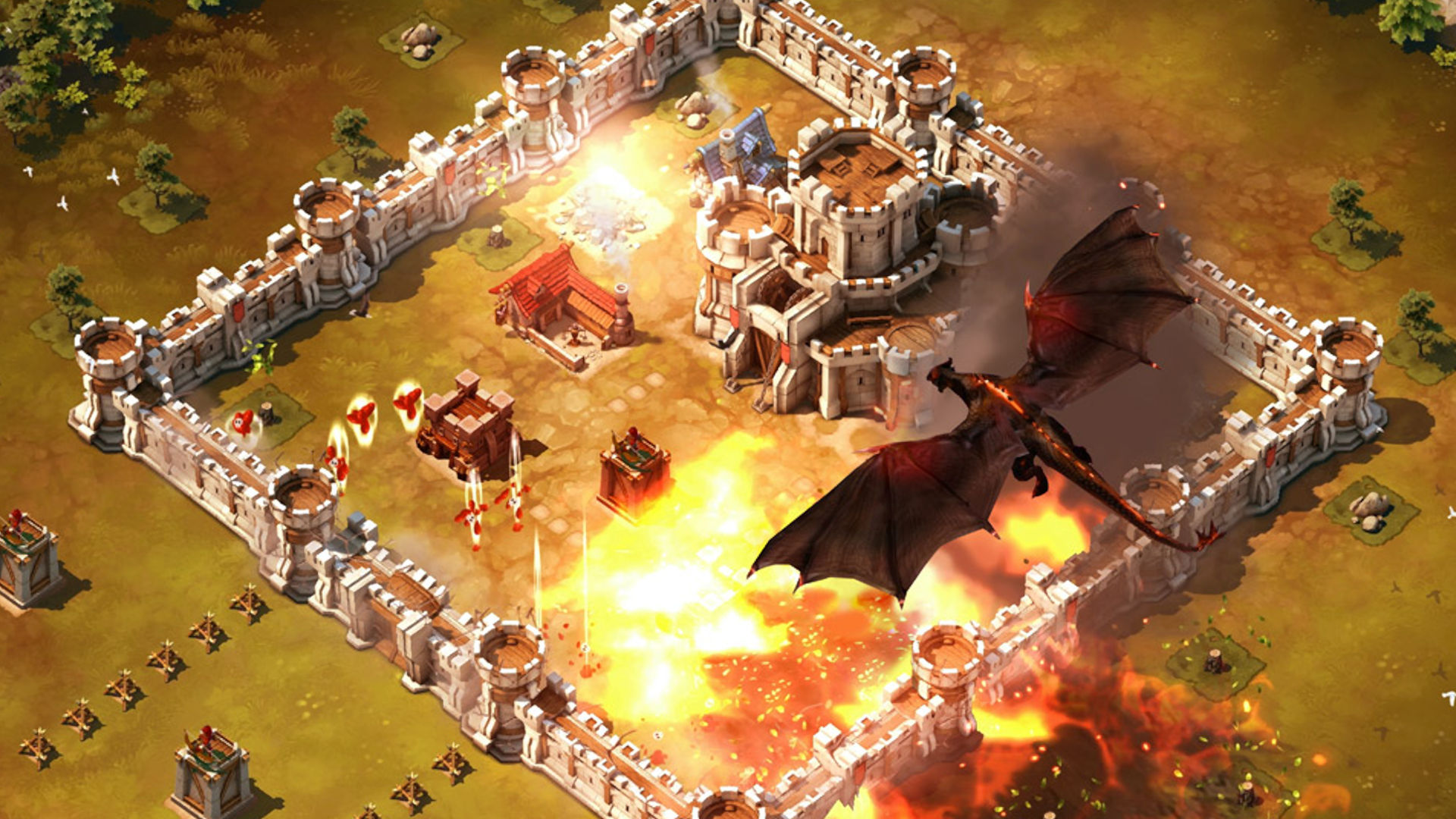 Meilleurs jeux similaires à Clash of Clans : Siegefall Un dragon brûlant un établissement dans Siegefall.