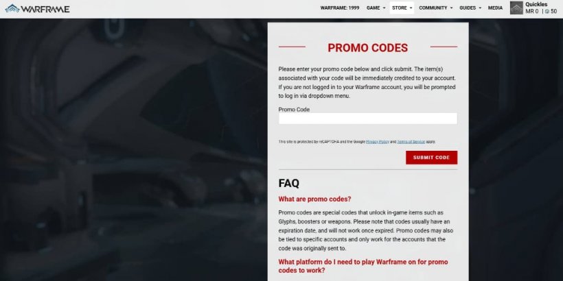 Écran de code de rachat sur le site de Warframe.