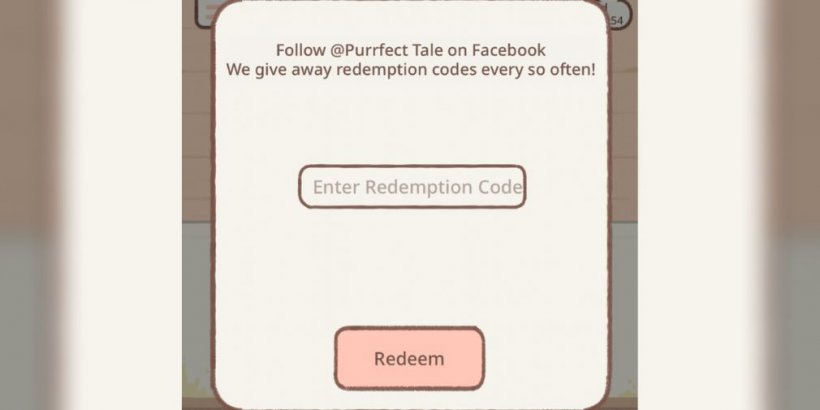 Une fenêtre dans le jeu où vous pouvez entrer les codes de Purrfect Tale