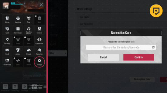 codes de rachat Etheria : Restart Capture d'écran montrant comment échanger vos codes Etheria : Restart dans le jeu