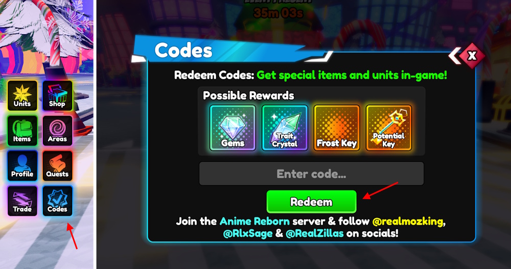échanger les codes anime reborn