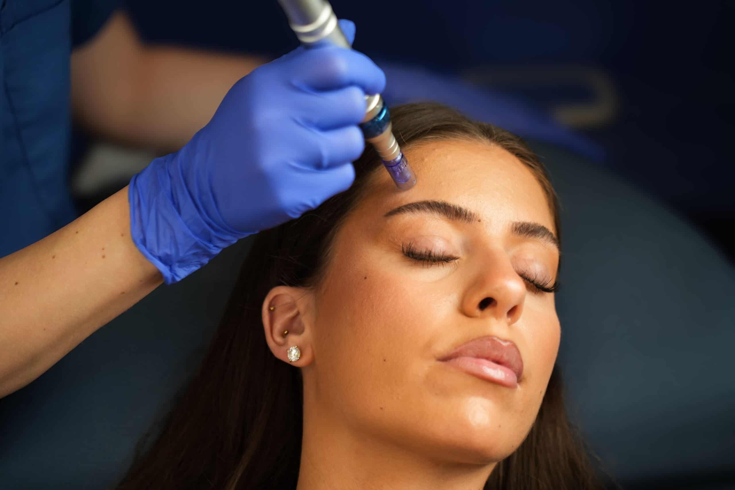 Behandler udfører skånsom microneedling i ansigtet hos Nueli