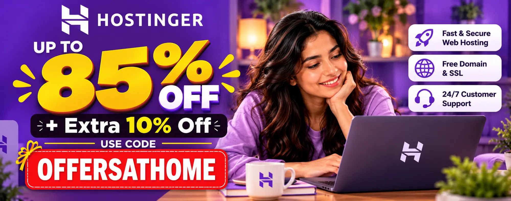 Hosting deal offering up to 85% off with extra 10% discount at OffersAtHome.