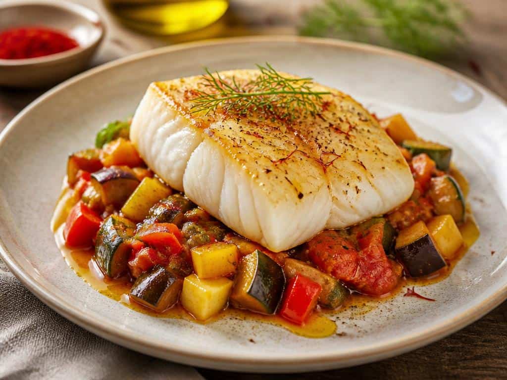 dos de cabillaud sur son lit de ratatouille safranee