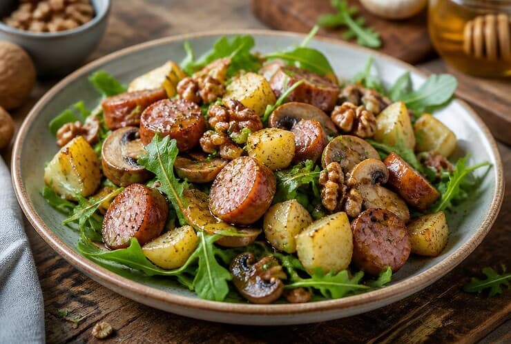 salade impro saucisses patates champignons miel noix etc