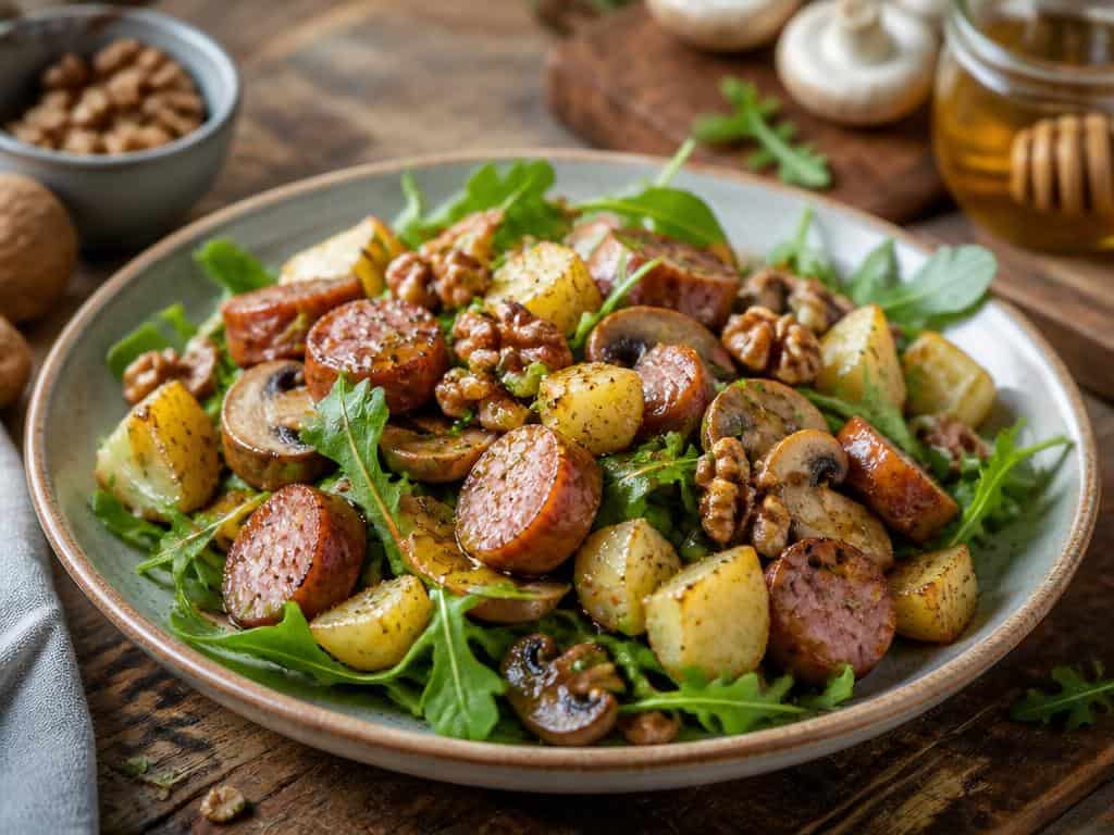 salade impro saucisses patates champignons miel noix etc