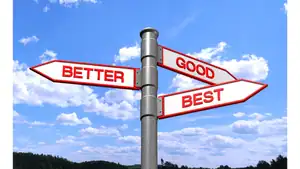Directional signpost with "Better," "Good," and "Best" arrows outdoors.