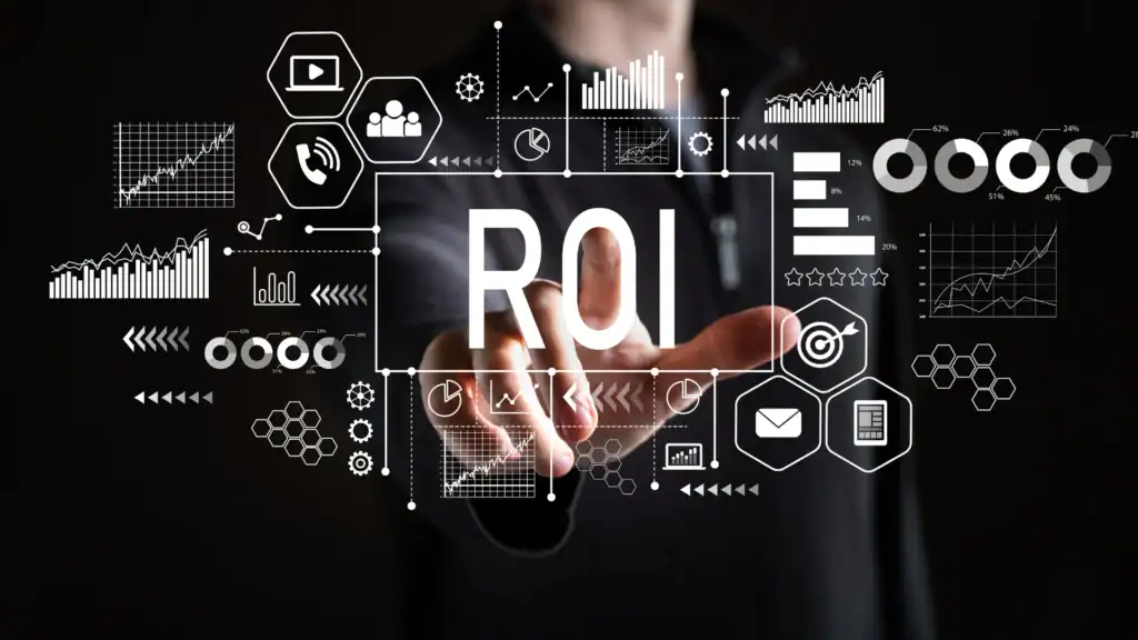 Business professional interacting with digital ROI analytics and data visualization tools.