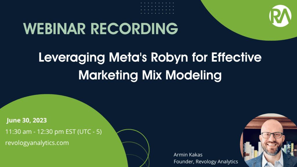 Revology Analytics logo with webinar title on marketing mix modeling.
