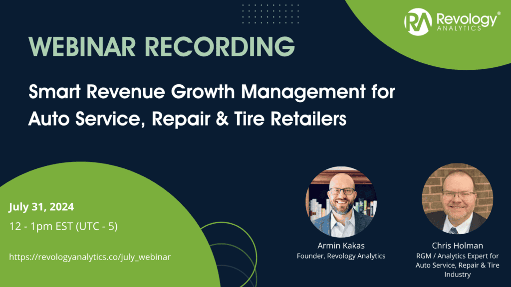 Revology Analytics logo with webinar title on a dark blue and green background.