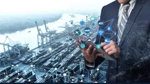 Business professional using smartphone with digital network overlay in industrial setting.