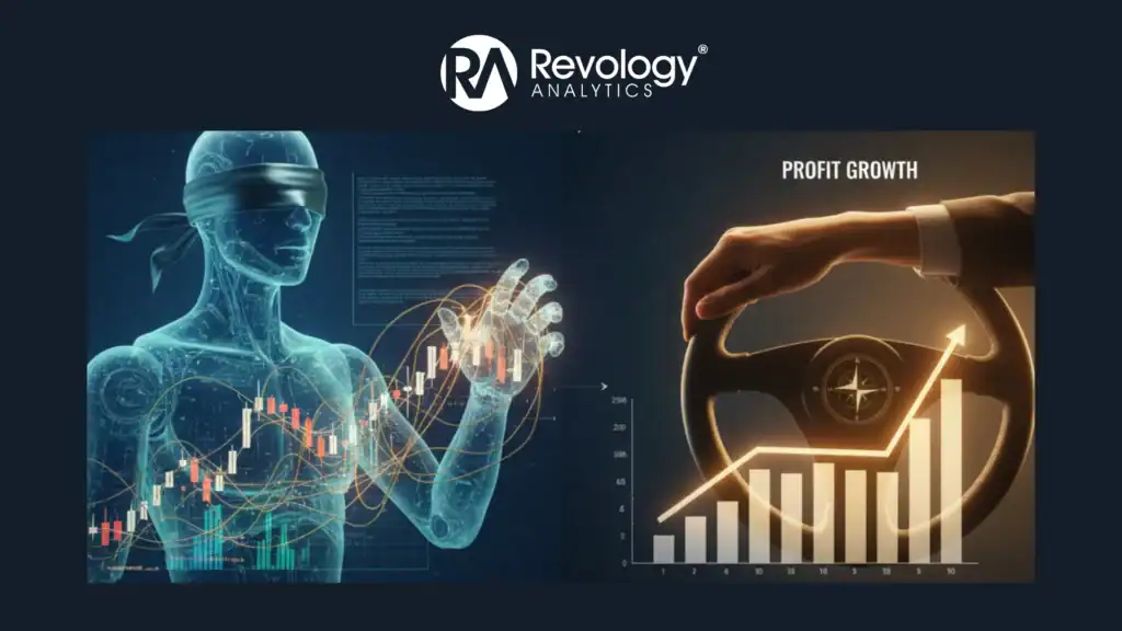 AI-generated image showing a digital human figure with stock charts and a hand on a steering wheel w.
