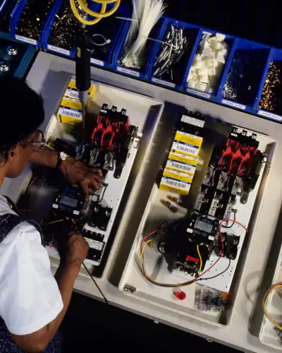 Electrical technician working on control panels for agricultural machinery.