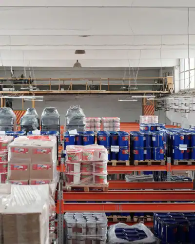 Chemical and agricultural product storage in a warehouse setting.