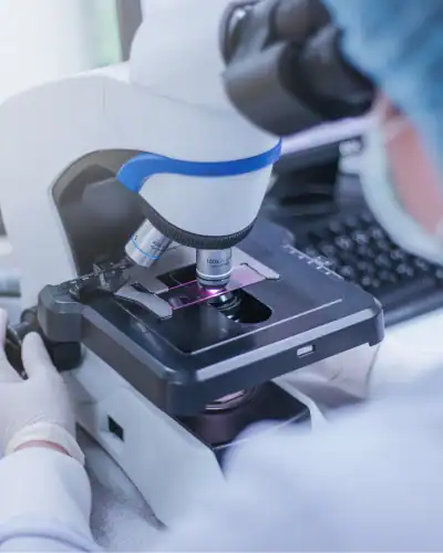 Microscope used for healthcare research and diagnostics in a clinical environment.