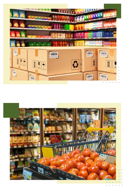 Retail store shelves with colorful products and fresh tomatoes in shopping cart.