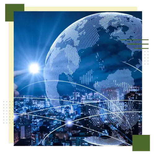 Digital globe with interconnected electronics and semiconductor icons for global data analysis.