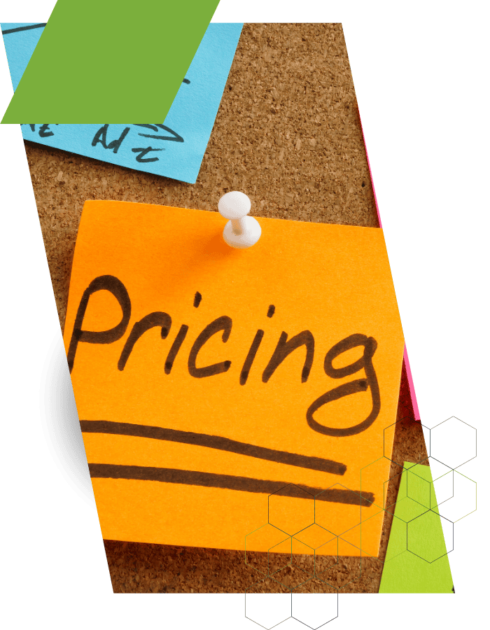 Pricing strategy on a corkboard with colorful notes and sticky notes.