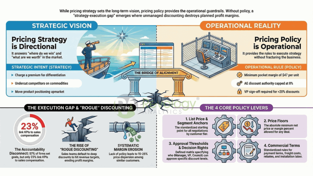 Visual overview of pricing policy strategies and operational tactics for B2B teams.