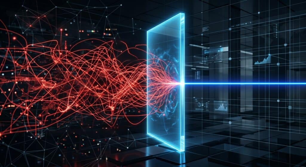 Digital data transfer through secure network interface with data streams and cybersecurity elements.
