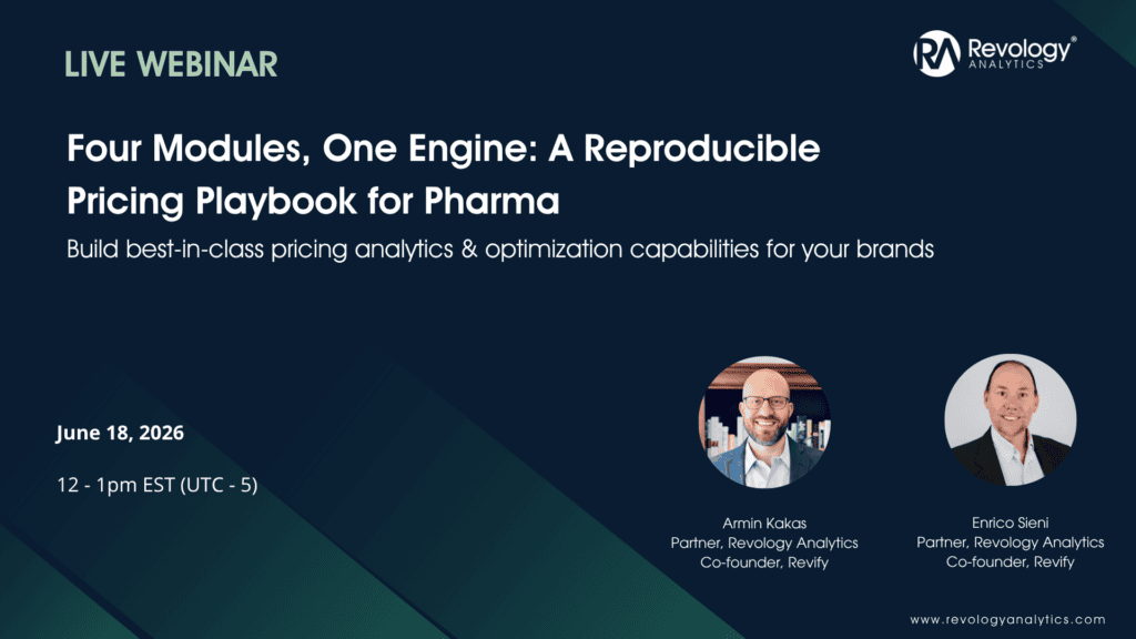 Pharma pricing analytics webinar poster: Revology Analytics four-module pricing engine