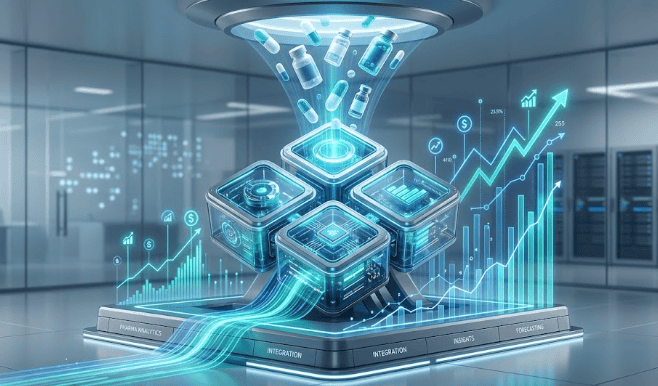 Futuristic pharma data analytics with digital cubes and rising graphs.