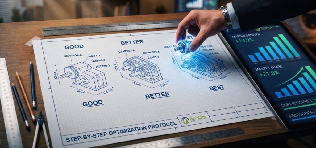 Engineer reviewing a pricing tier diagram for margin growth and share.