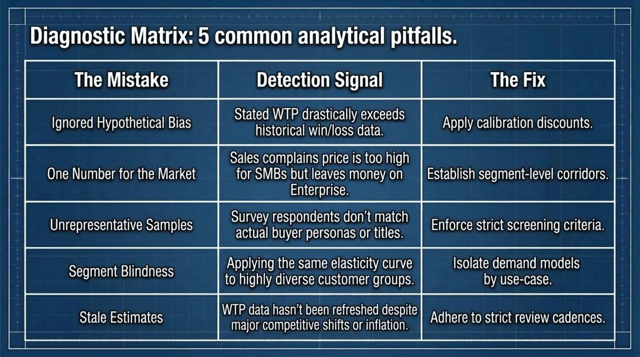 Willingness to Pay: How to Measure What Customers Will Actually Pay 4 Each failure has identifiable indicators. If stated-preference estimates greatly exceed actual win/loss data, adjust them downward before setting prices. If a single elasticity curve is applied to all segments, the resulting corridor is not credible.