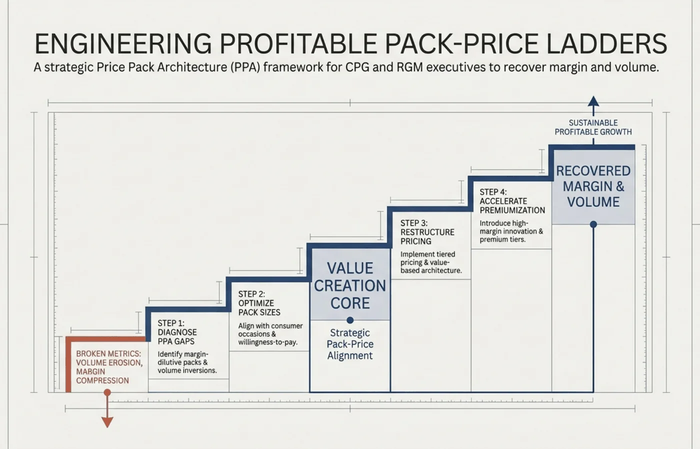 Diagram of pack-price ladder framework for profit growth and volume recovery.