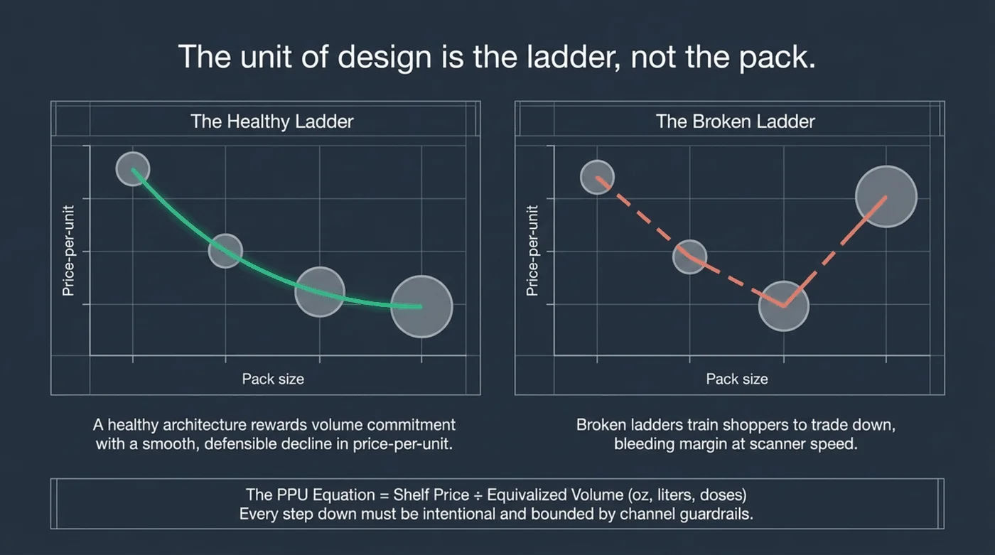 Graph comparing healthy and broken ladders for price per unit and pack size.