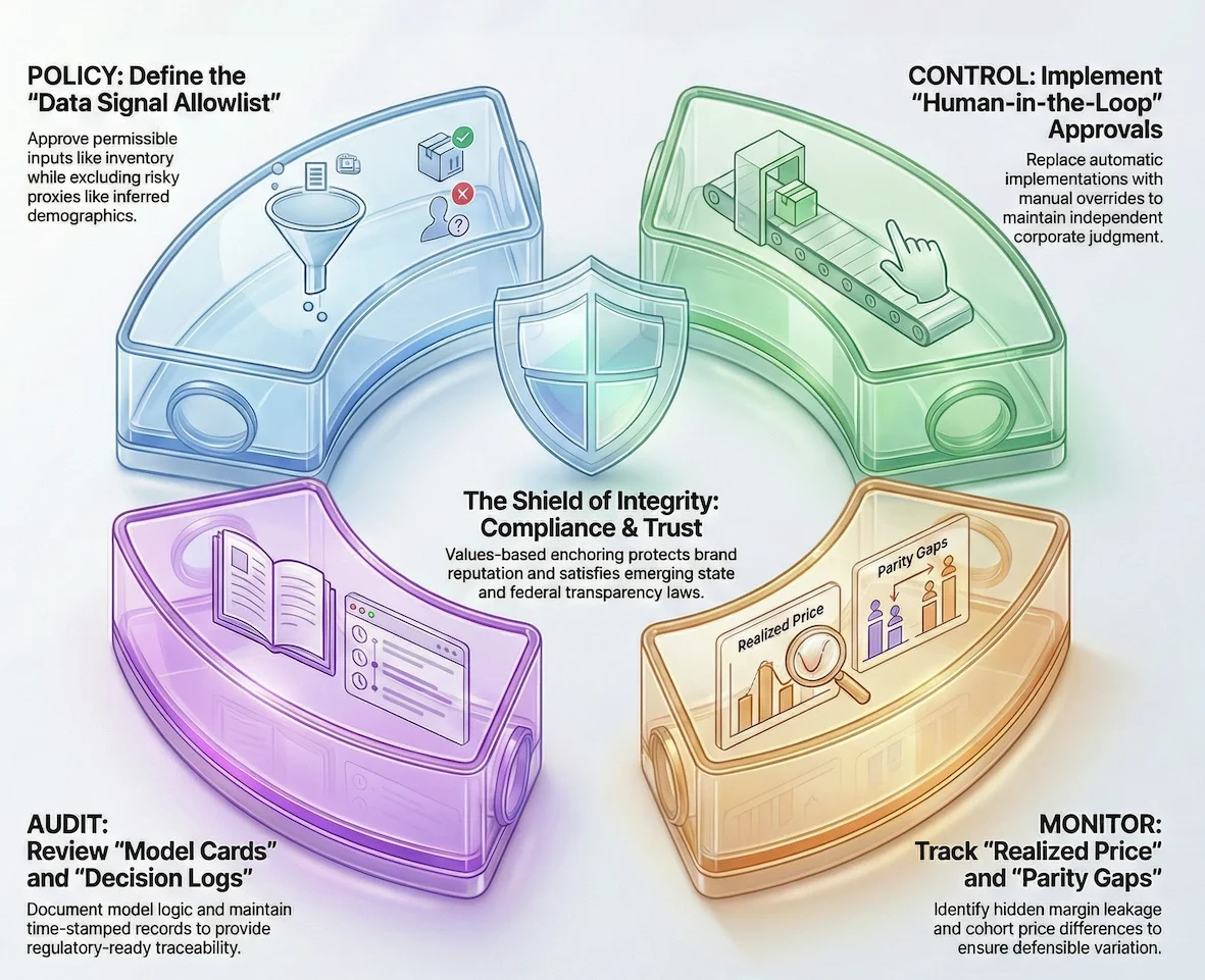 Data governance framework with four key pillars: Policy, Control, Audit, Monitor.