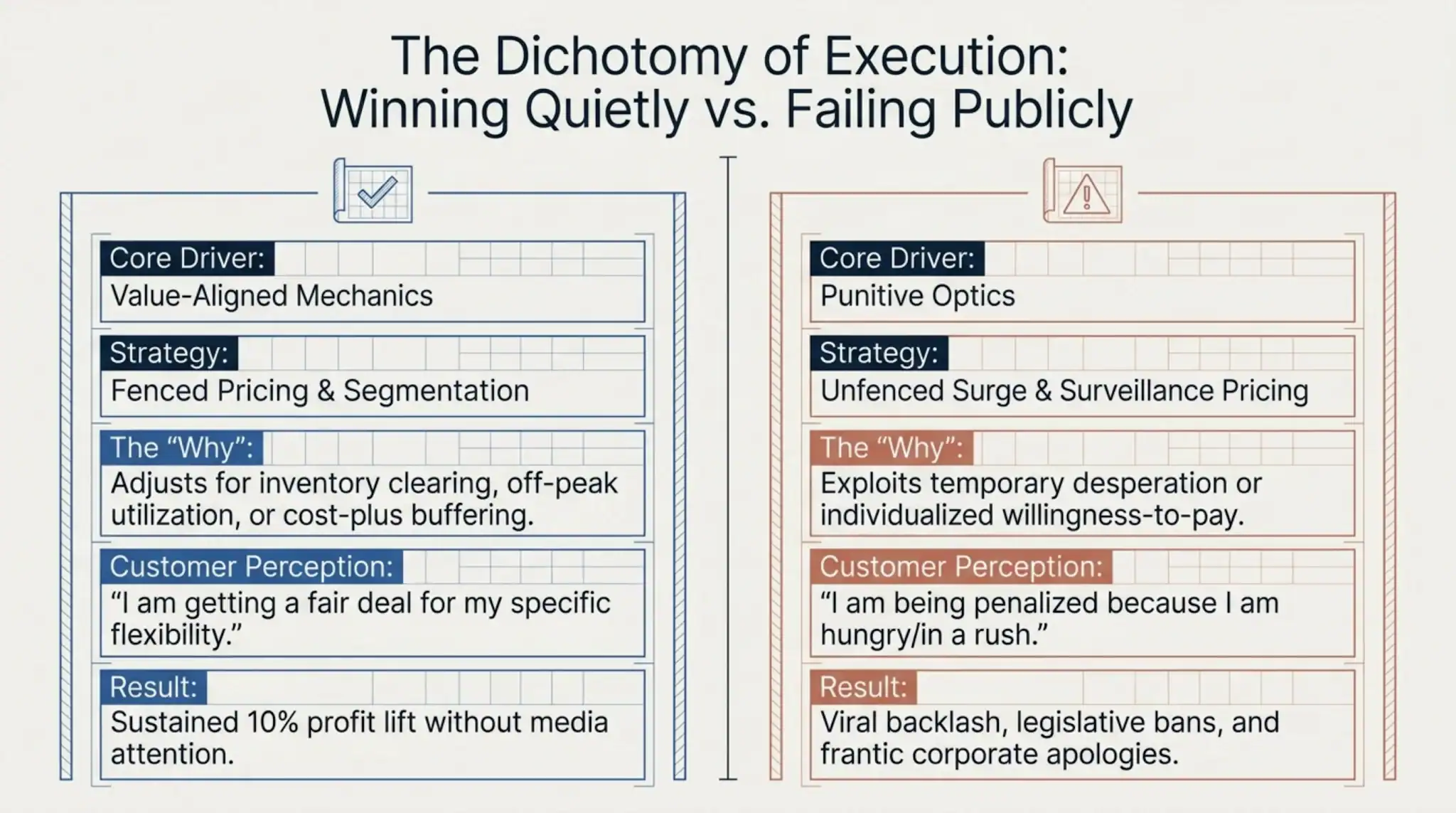Comparison of quiet and public execution strategies in business.