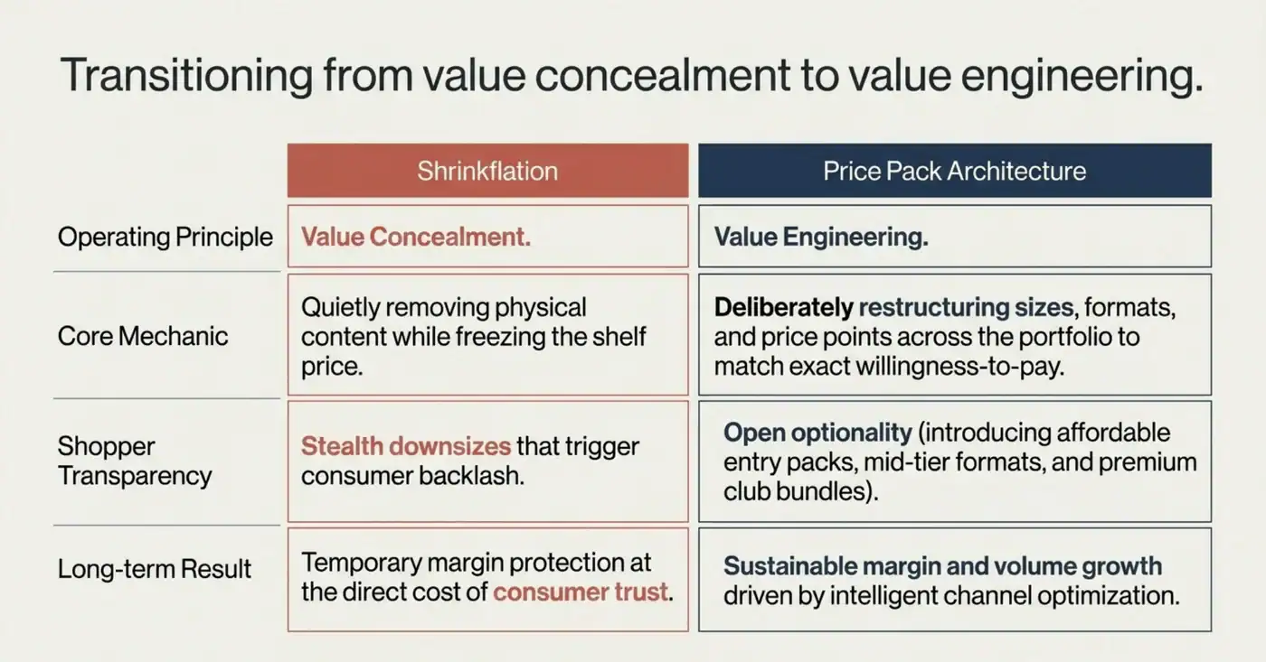 Comparison of value engineering and price pack architecture strategies.