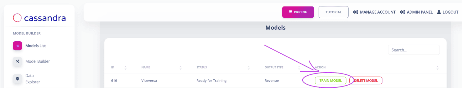Revology Analytics dashboard showing model training and editing options.