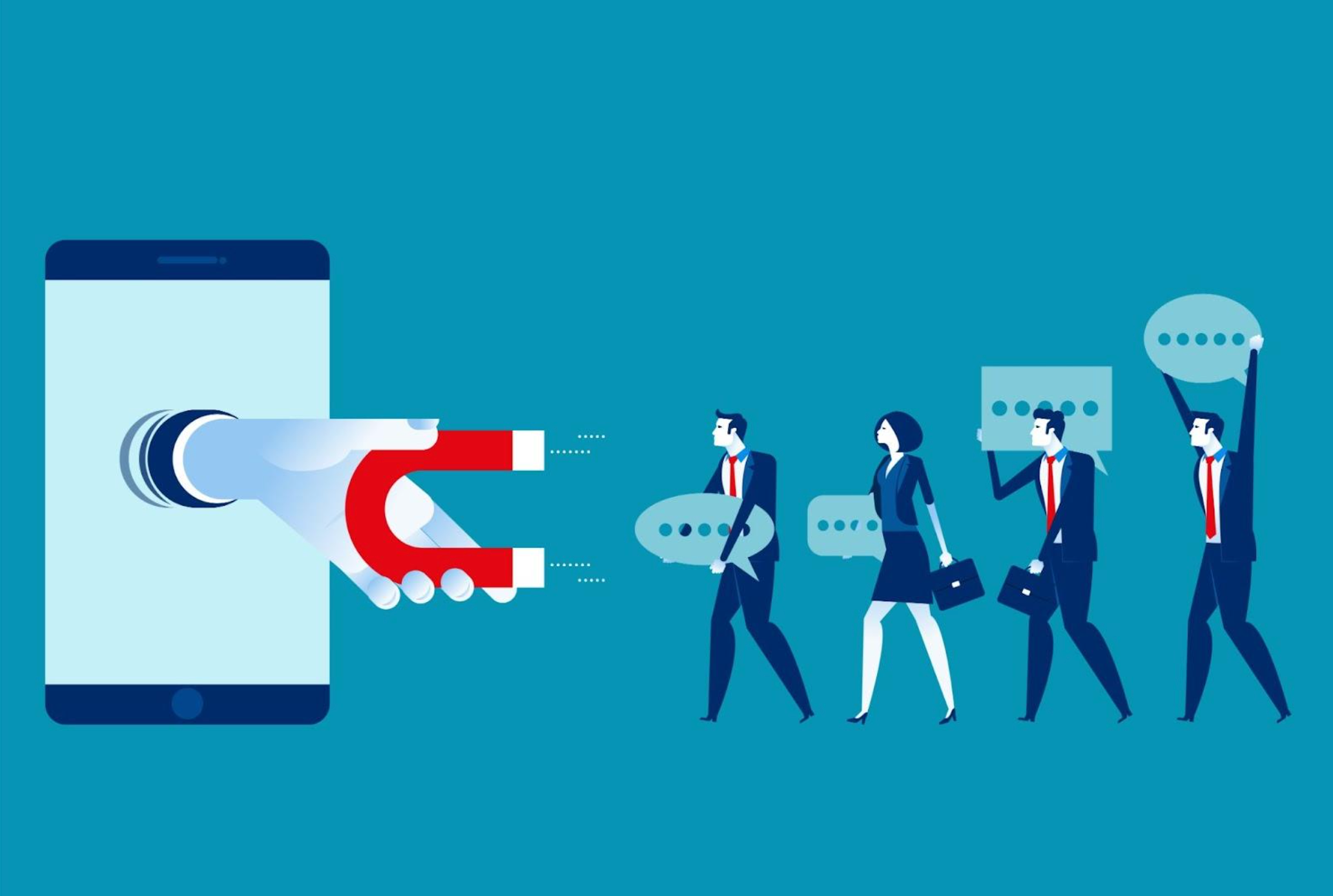 Business professionals engaging with digital marketing via smartphone and chat bubbles.