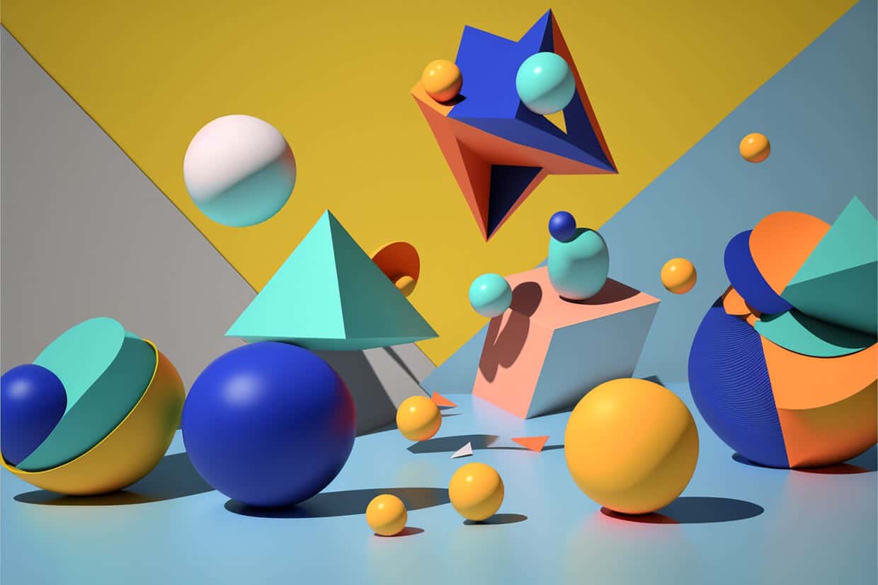 Colorful 3D geometric shapes including spheres, pyramids, and cubes on a vibrant background.