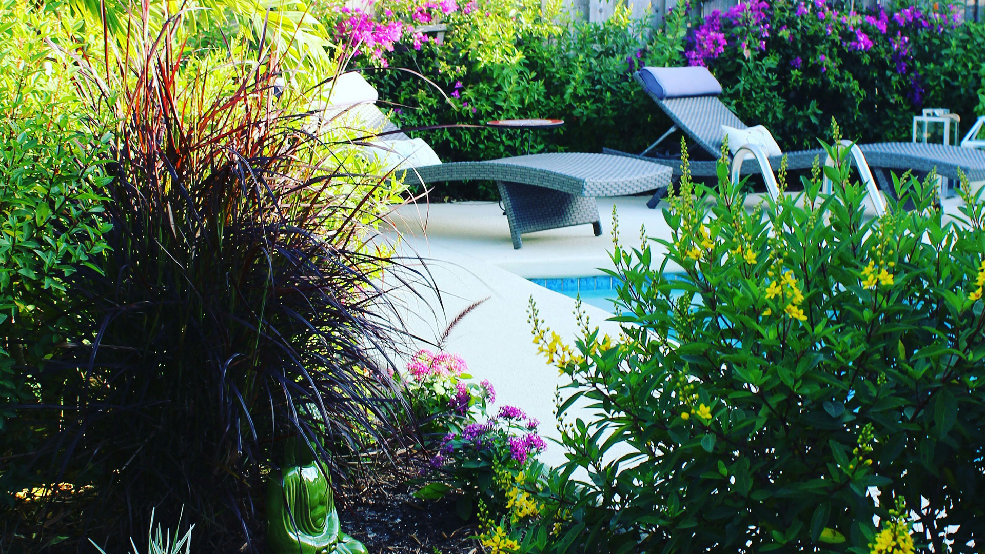 Custom residential landscaping, garden with pool and lounge chair in background