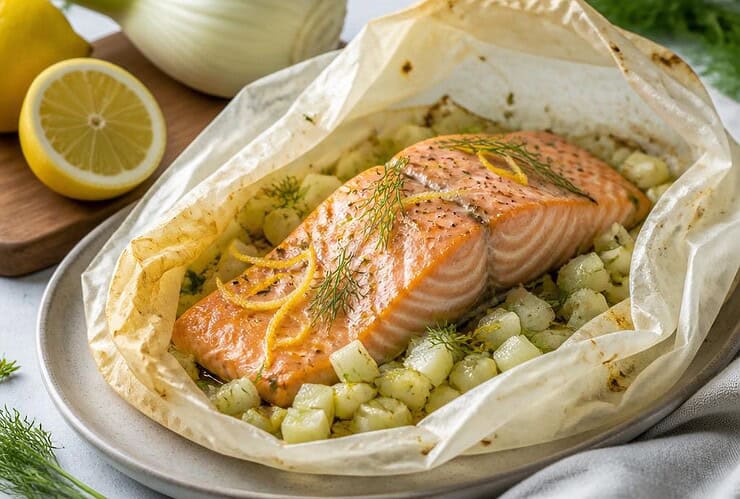 saumon en papillote sur un lit de des de fenouil citronne