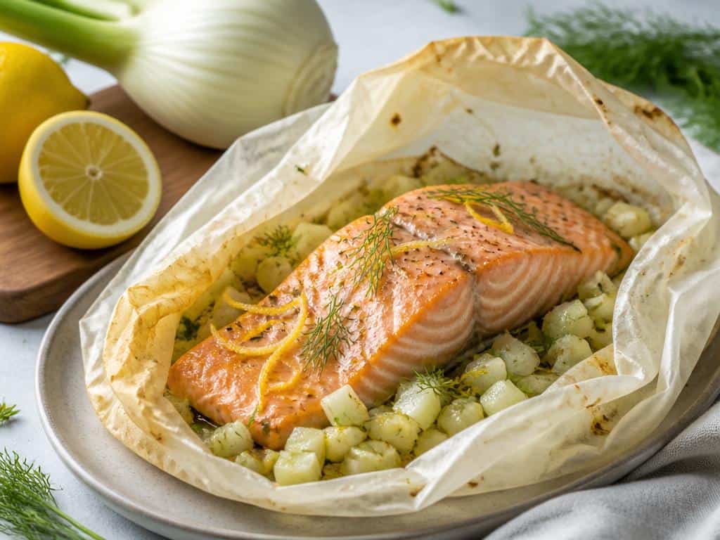 saumon en papillote sur un lit de des de fenouil citronne