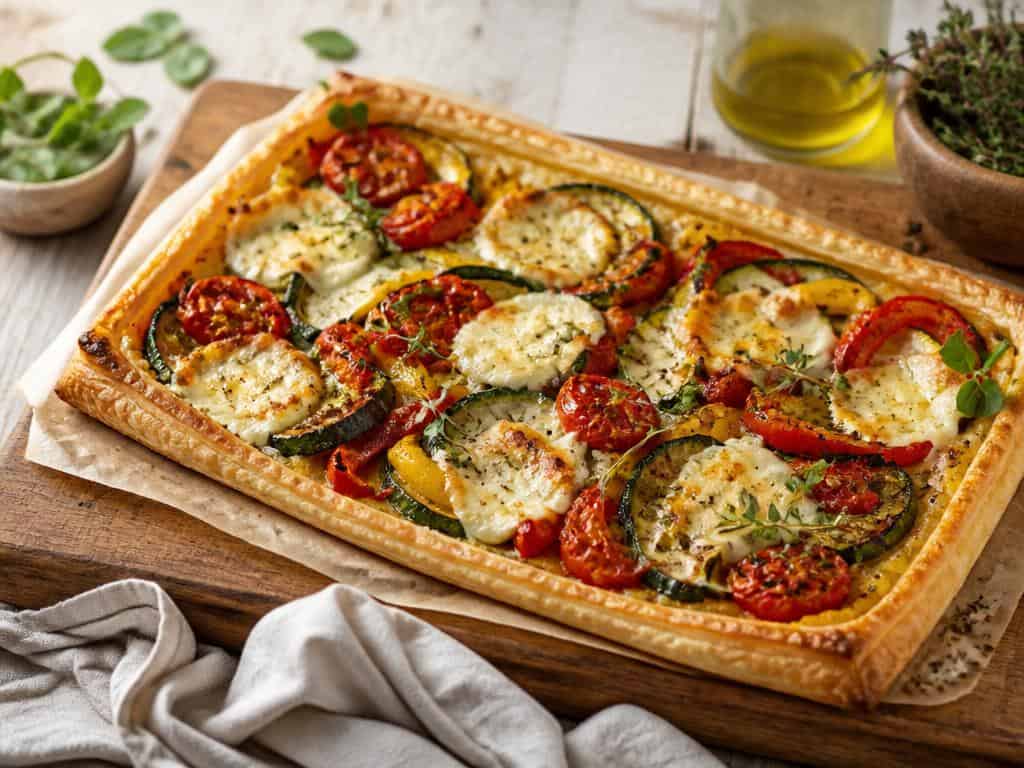 tarte croustillante mozzarella et legumes confits de cyril lignac
