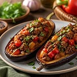aubergines farcies aux poivrons et boeuf
