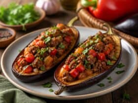 aubergines farcies aux poivrons et boeuf