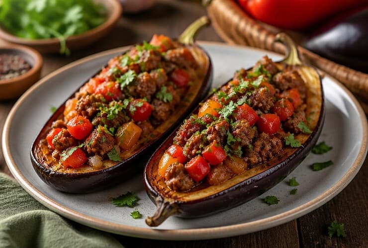 aubergines farcies aux poivrons et boeuf