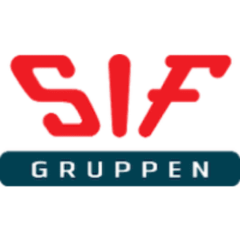 SIF Gruppen logo med rød tekst og blå baggrund.
