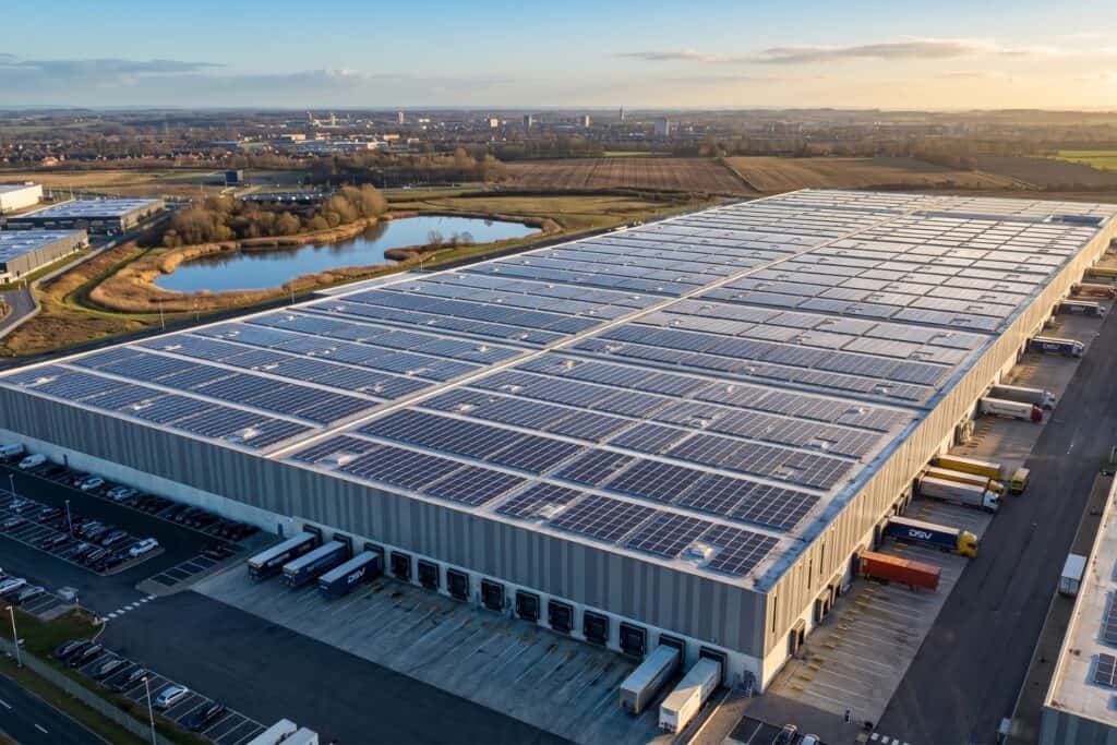 Stort solcellelager med solpaneler til vedvarende energi.