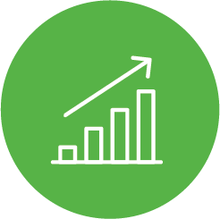 Green circle with bar chart and arrow pointing up to the right.