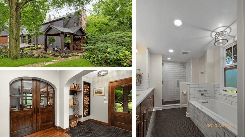 Picture grouping of the exterior addition, the inside of the new foyer, and the bathroom.