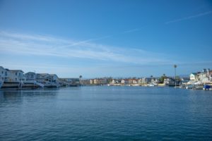 Residential homes line the harbor waterway